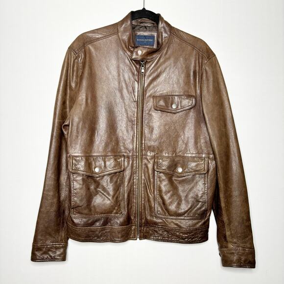 Banana Republic Brown Leather Bomber Jacket Mens M Full Zip Band Collar Lined - Picture 13 of 13